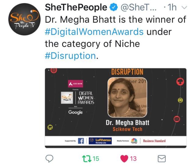 Digital Women Award to Dr Megha Bhatt by Shethepeople